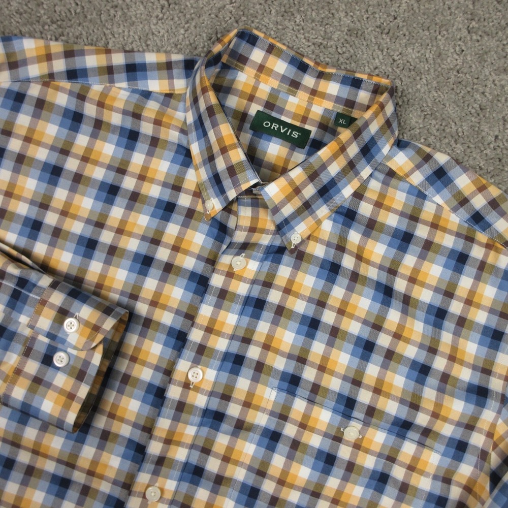 Orvis Shirt Mens XL Yellow Plaid Wrinkle Free Twill Outdoor Pocket Button Up